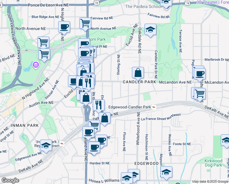 map of restaurants, bars, coffee shops, grocery stores, and more near 339 Candler Street Northeast in Atlanta
