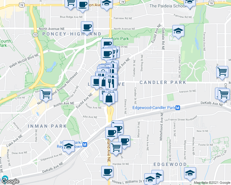 map of restaurants, bars, coffee shops, grocery stores, and more near 335 Josephine Street Northeast in Atlanta