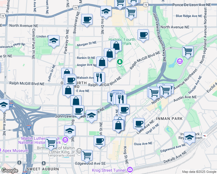 map of restaurants, bars, coffee shops, grocery stores, and more near 345 Glen Iris Drive Northeast in Atlanta