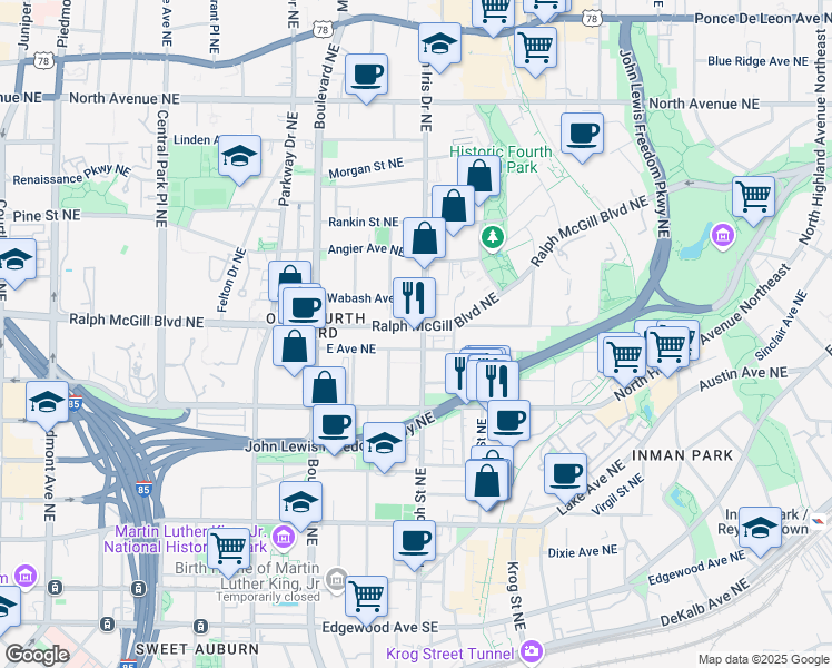 map of restaurants, bars, coffee shops, grocery stores, and more near 345 Glen Iris Drive Northeast in Atlanta