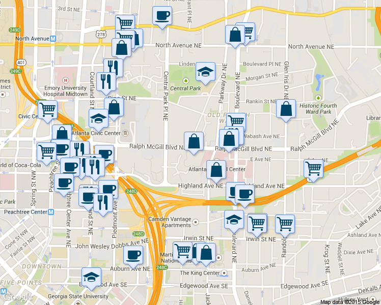 map of restaurants, bars, coffee shops, grocery stores, and more near 301 McGill Park Avenue Northeast in Atlanta