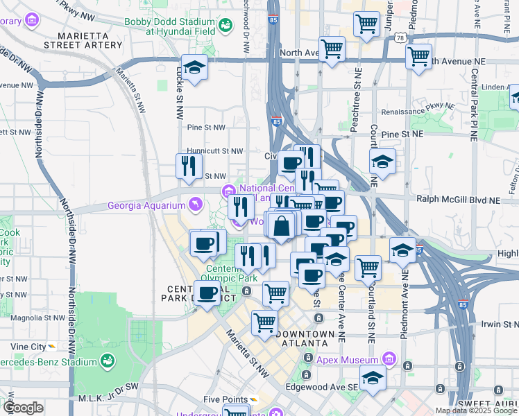 map of restaurants, bars, coffee shops, grocery stores, and more near 325 Centennial Olympic Park Drive Northwest in Atlanta
