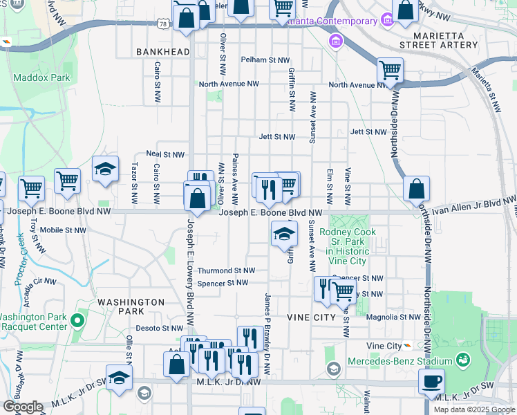 map of restaurants, bars, coffee shops, grocery stores, and more near 793 Joseph E. Boone Boulevard Northwest in Atlanta