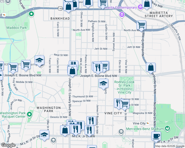 map of restaurants, bars, coffee shops, grocery stores, and more near in Atlanta