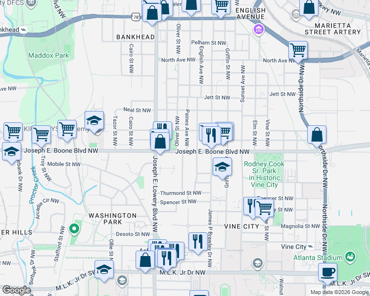 map of restaurants, bars, coffee shops, grocery stores, and more near 868 Sciple Terrace Northwest in Atlanta