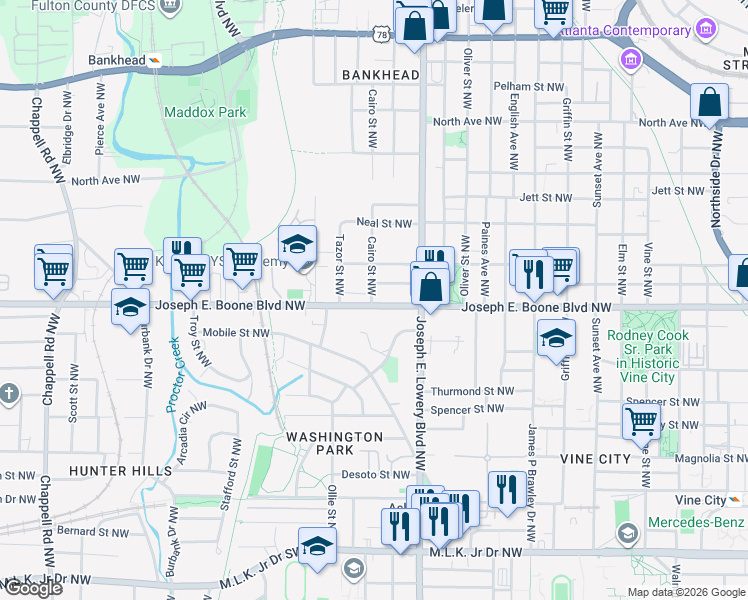 map of restaurants, bars, coffee shops, grocery stores, and more near 975 Joseph E. Boone Boulevard Northwest in Atlanta