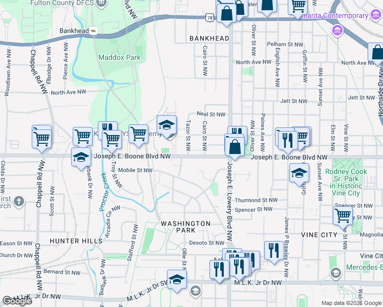 map of restaurants, bars, coffee shops, grocery stores, and more near in Atlanta