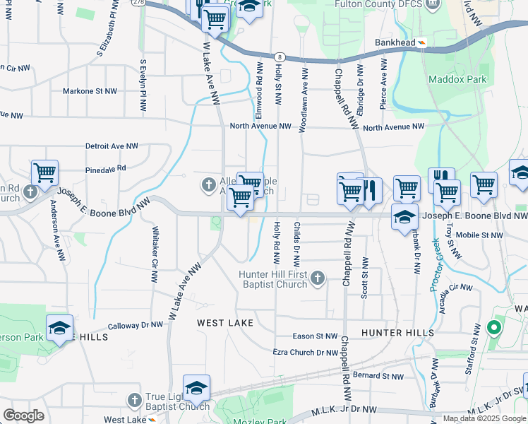 map of restaurants, bars, coffee shops, grocery stores, and more near 294 Holly Road Northwest in Atlanta