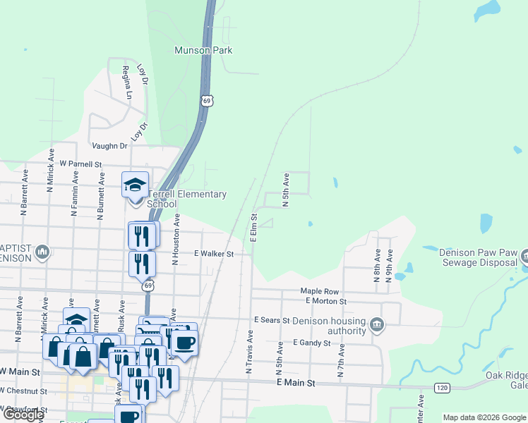map of restaurants, bars, coffee shops, grocery stores, and more near 410 East Elm Street in Denison