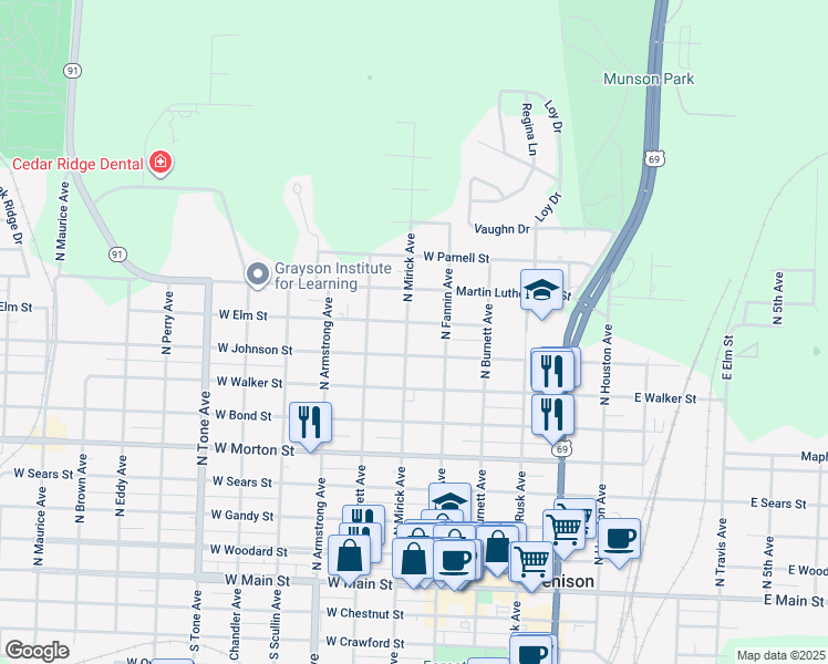 map of restaurants, bars, coffee shops, grocery stores, and more near 811 North Mirick Avenue in Denison