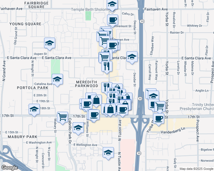 map of restaurants, bars, coffee shops, grocery stores, and more near 2070 North Tustin Avenue in Santa Ana