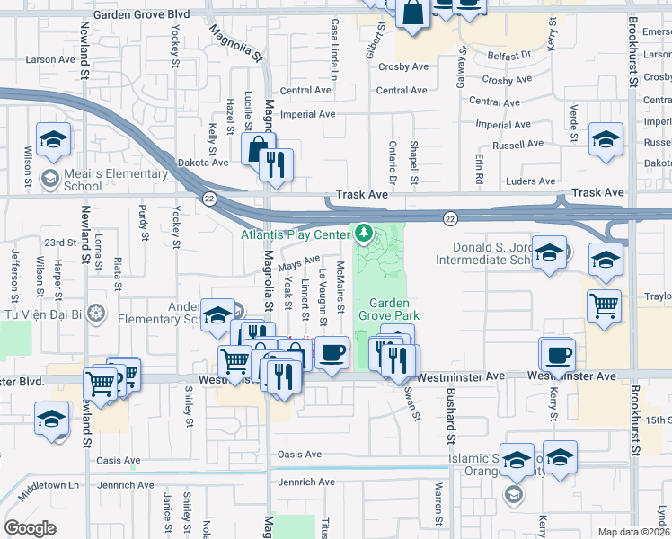 map of restaurants, bars, coffee shops, grocery stores, and more near 13691 McMains Street in Garden Grove