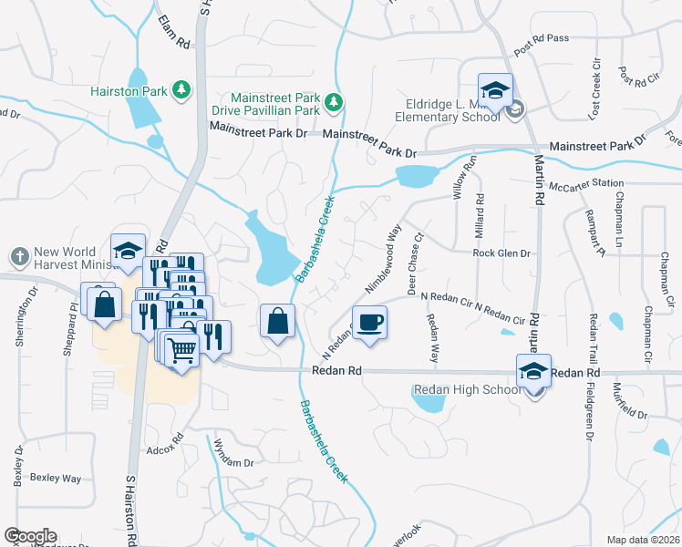map of restaurants, bars, coffee shops, grocery stores, and more near 1085 Parkwest Court in Stone Mountain