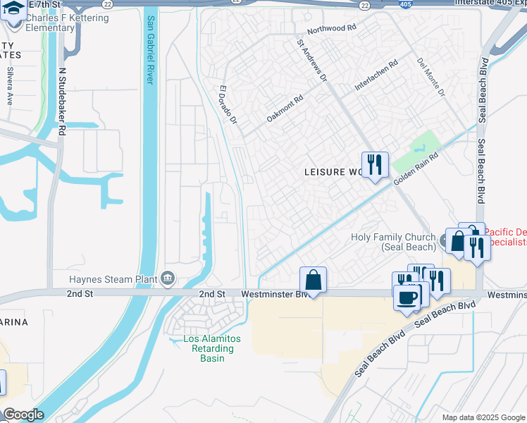 map of restaurants, bars, coffee shops, grocery stores, and more near El Dorado Drive in Seal Beach