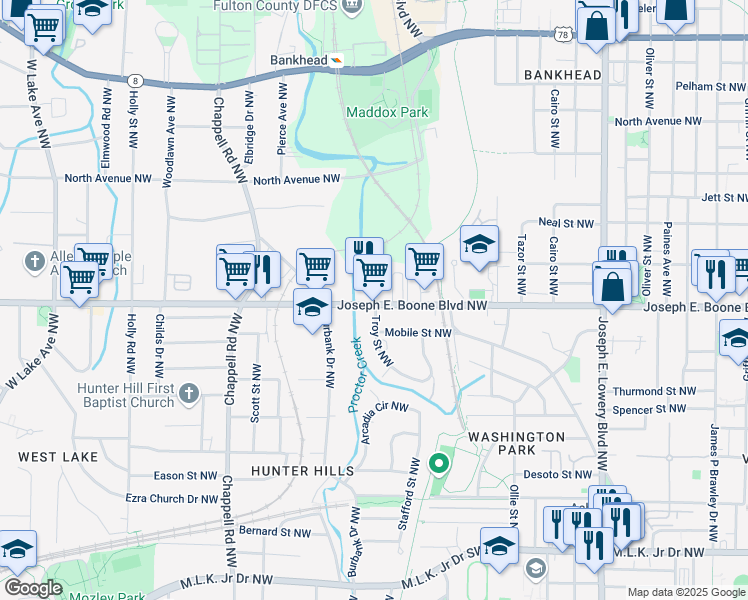 map of restaurants, bars, coffee shops, grocery stores, and more near 1211 Simpson Road Northwest in Atlanta