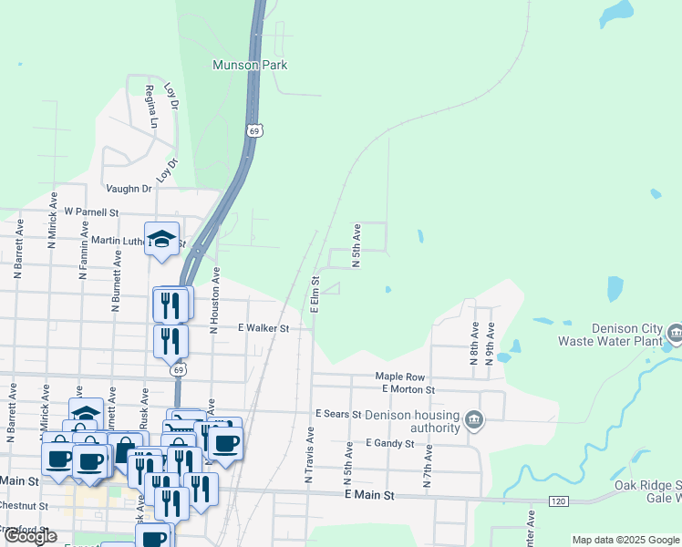 map of restaurants, bars, coffee shops, grocery stores, and more near 410 East Elm Street in Denison