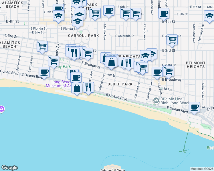 map of restaurants, bars, coffee shops, grocery stores, and more near 2732 East 1st Street in Long Beach