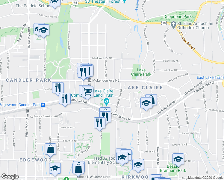 map of restaurants, bars, coffee shops, grocery stores, and more near 1763 Delaware Avenue Northeast in Atlanta