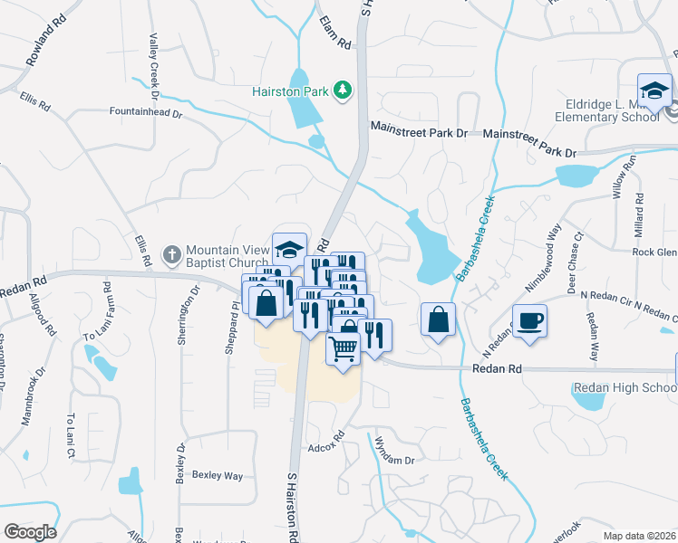 map of restaurants, bars, coffee shops, grocery stores, and more near 4871 Pinnacle Drive in Stone Mountain