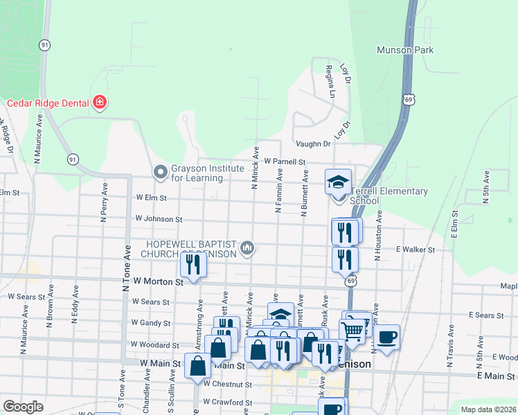 map of restaurants, bars, coffee shops, grocery stores, and more near 811 North Mirick Avenue in Denison