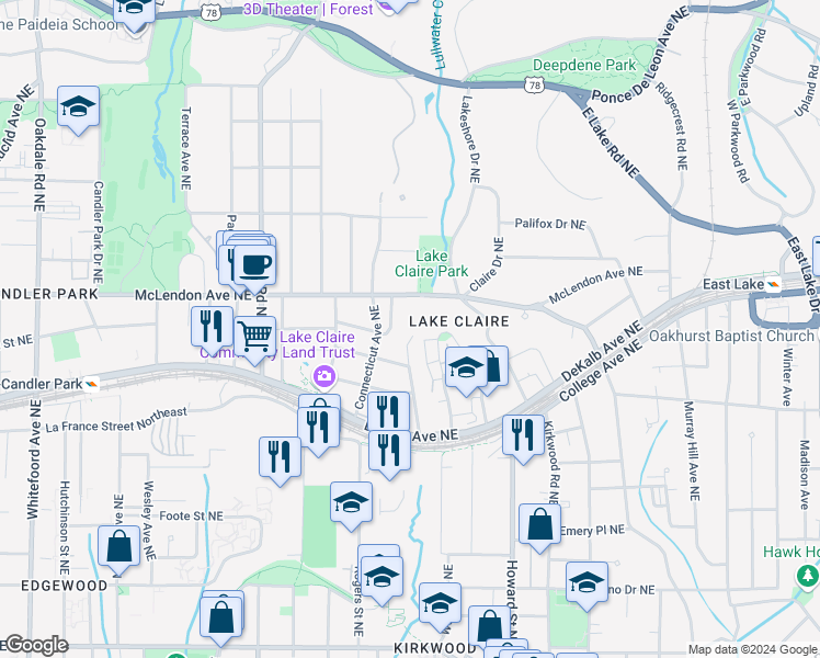 map of restaurants, bars, coffee shops, grocery stores, and more near 352 Mathews Avenue Northeast in Atlanta