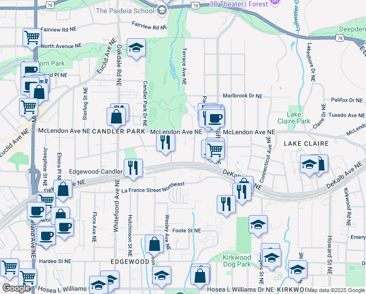 map of restaurants, bars, coffee shops, grocery stores, and more near 346 Sheppard Place Northeast in Atlanta