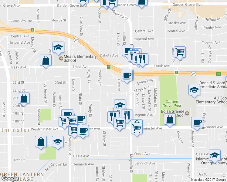 map of restaurants, bars, coffee shops, grocery stores, and more near 8841 Mays Avenue in Garden Grove
