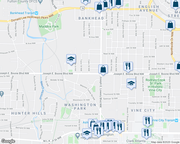 map of restaurants, bars, coffee shops, grocery stores, and more near 975 Joseph E. Boone Boulevard Northwest in Atlanta
