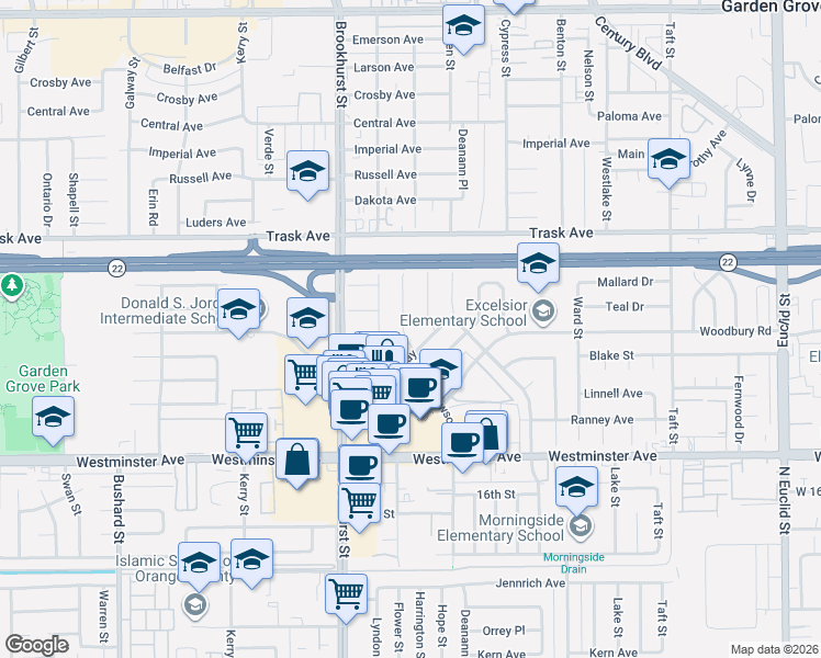 map of restaurants, bars, coffee shops, grocery stores, and more near 13702 Dawson Street in Garden Grove