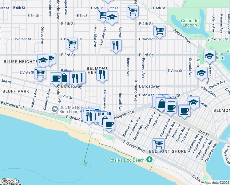 map of restaurants, bars, coffee shops, grocery stores, and more near 218 Belmont Avenue in Long Beach