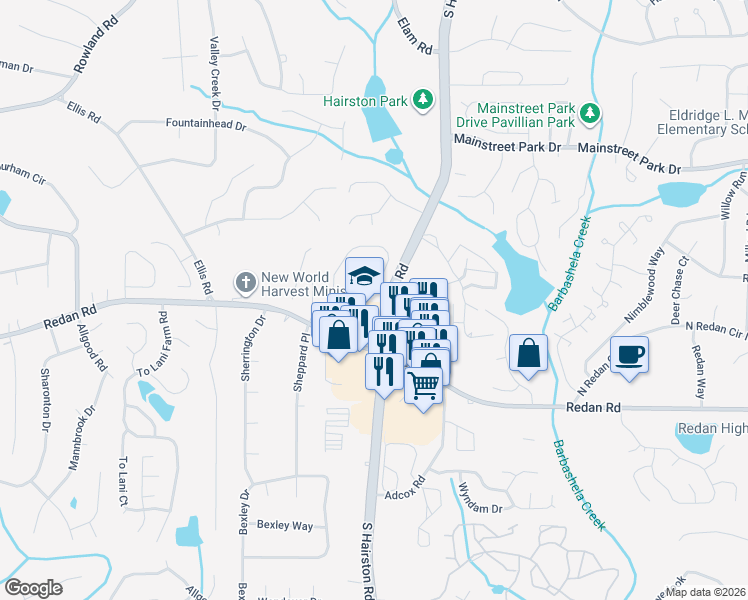 map of restaurants, bars, coffee shops, grocery stores, and more near 989 Ashton Oak Circle in Stone Mountain