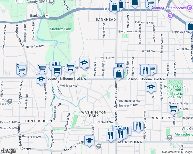 map of restaurants, bars, coffee shops, grocery stores, and more near in Atlanta