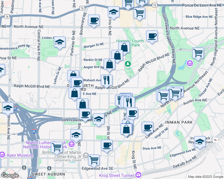 map of restaurants, bars, coffee shops, grocery stores, and more near 345 Glen Iris Drive Northeast in Atlanta