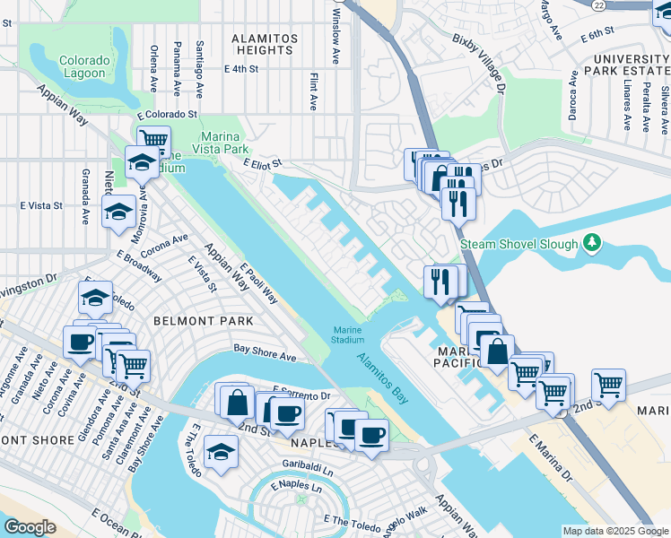 map of restaurants, bars, coffee shops, grocery stores, and more near 5824 Spinnaker Bay Drive in Long Beach