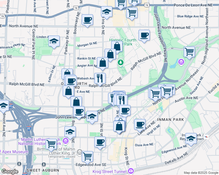map of restaurants, bars, coffee shops, grocery stores, and more near 345 Glen Iris Drive Northeast in Atlanta