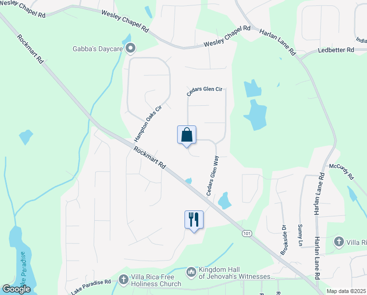 map of restaurants, bars, coffee shops, grocery stores, and more near 275 Cedars Glen Circle in Villa Rica