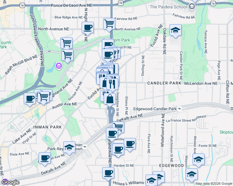 map of restaurants, bars, coffee shops, grocery stores, and more near 335 Josephine Street Northeast in Atlanta