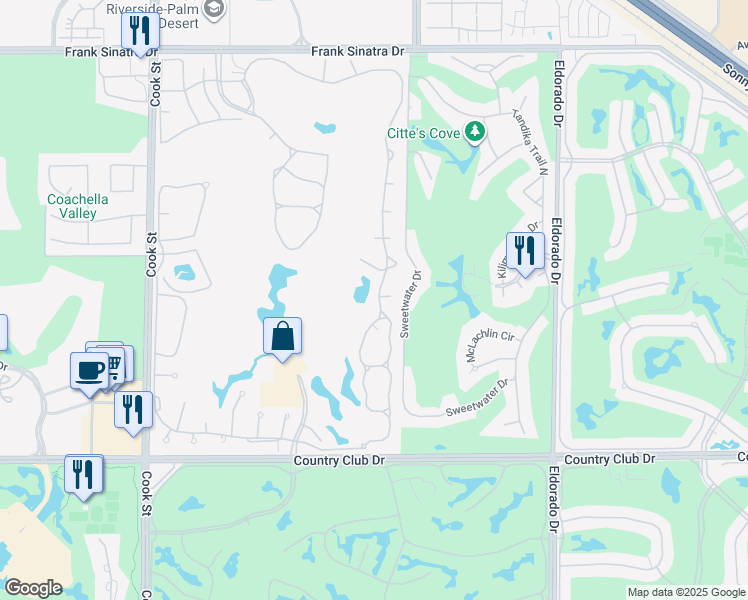 map of restaurants, bars, coffee shops, grocery stores, and more near 218 Desert Falls Drive East in Palm Desert