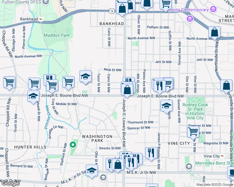 map of restaurants, bars, coffee shops, grocery stores, and more near 943 Joseph E. Boone Boulevard Northwest in Atlanta