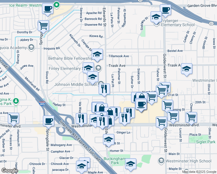 map of restaurants, bars, coffee shops, grocery stores, and more near 13652 Edwards Street in Westminster