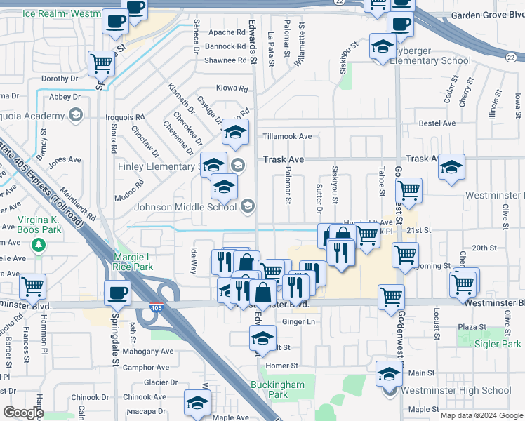 map of restaurants, bars, coffee shops, grocery stores, and more near 13652 Edwards Street in Westminster