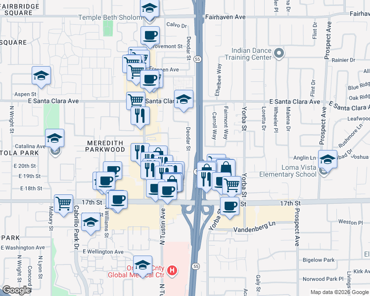 map of restaurants, bars, coffee shops, grocery stores, and more near 2002 Deodar Street in Santa Ana