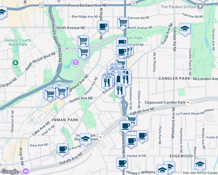 map of restaurants, bars, coffee shops, grocery stores, and more near Euclid Ave NE in Atlanta