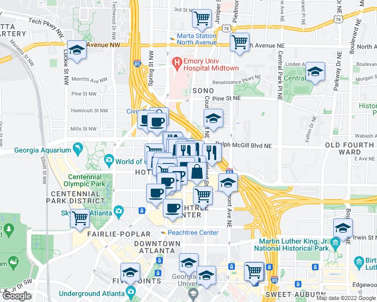 map of restaurants, bars, coffee shops, grocery stores, and more near 353 West Peachtree Street Northwest in Atlanta