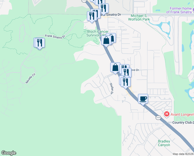map of restaurants, bars, coffee shops, grocery stores, and more near 28 Alta Vista in Rancho Mirage