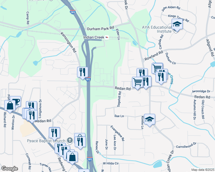 map of restaurants, bars, coffee shops, grocery stores, and more near 3963 Redan Road in Stone Mountain