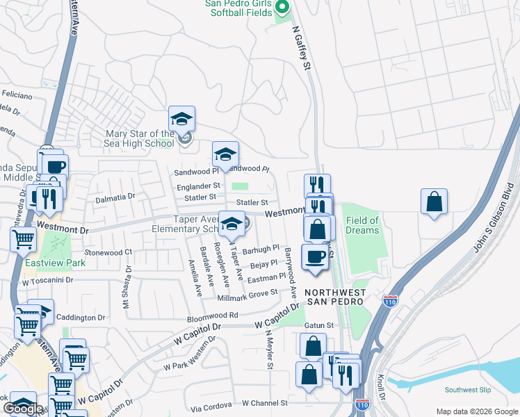 map of restaurants, bars, coffee shops, grocery stores, and more near 835 Statler Street in Los Angeles
