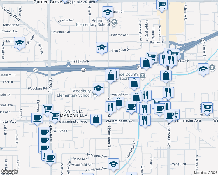 map of restaurants, bars, coffee shops, grocery stores, and more near 13792 Woodbury Road in Garden Grove