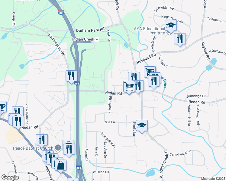map of restaurants, bars, coffee shops, grocery stores, and more near 3987 Redan Road in Stone Mountain