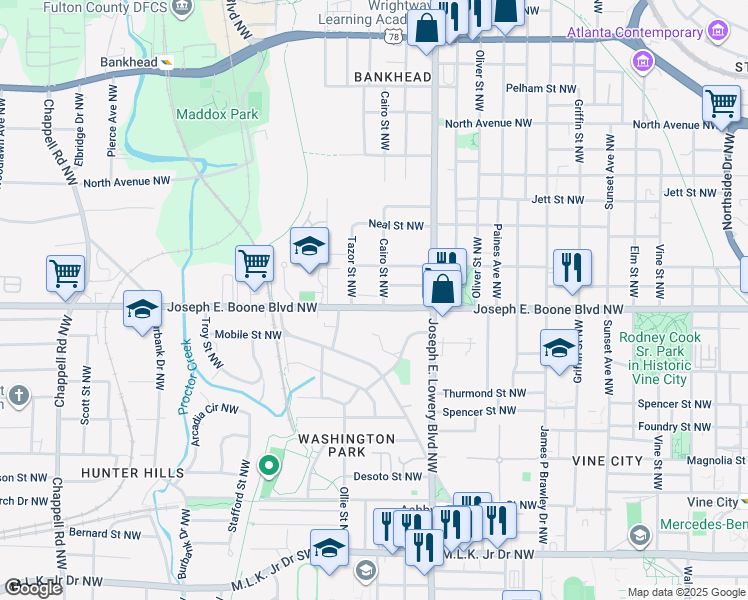 map of restaurants, bars, coffee shops, grocery stores, and more near 991 Joseph E. Boone Boulevard Northwest in Atlanta